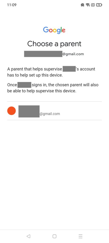 デバイスの管理をする親のアカウントを選択